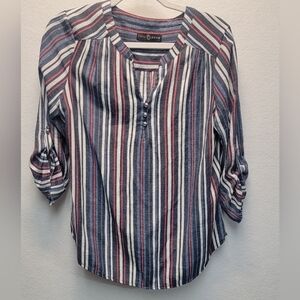 FRED DAVID women's size small 3 button front, button cuffs striped tunic top